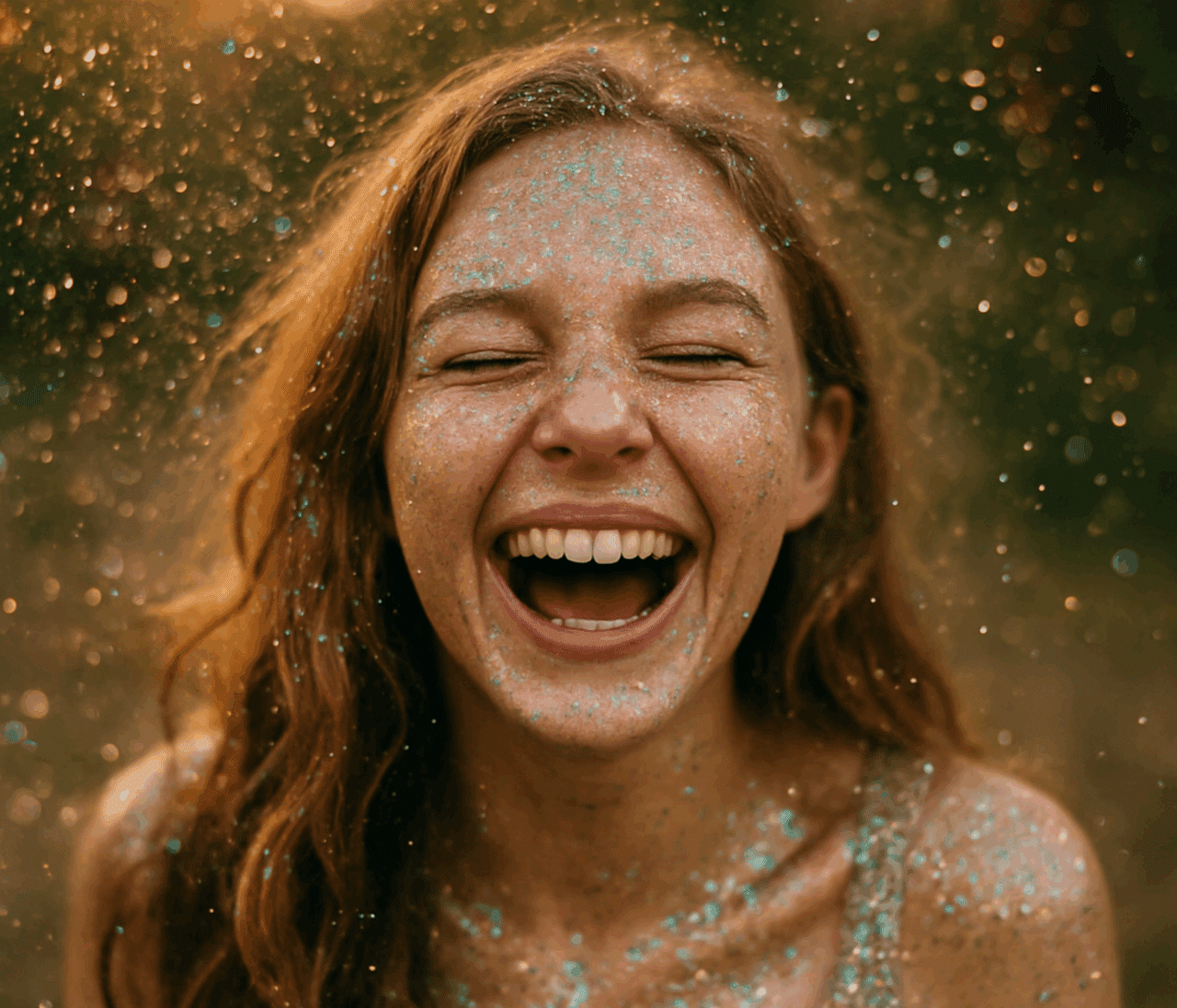Femme souriante avec des paillettes sur le visage et le corps en pleine lumière.